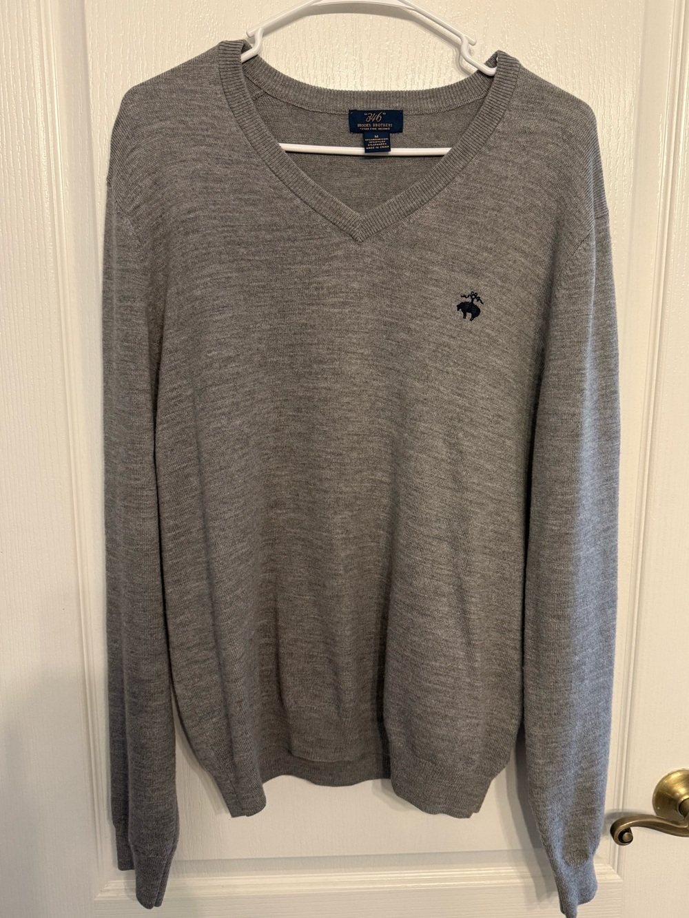 Brooks Brothers Men's Grey V-Neck Sweater with Navy Logo
